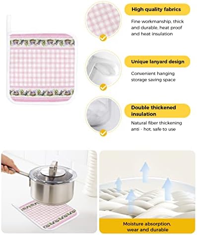 Пролетни Великденски кухненски ръкавици за Топлоизолация кухня, Розово-Бяло Каре кухненски ръкавици с Цветен модел, във формата на Зайче
