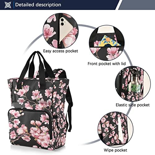 Чанта за Памперси, Раница за детски Чанти за смяна на Пелени, Многофункционална раница за пътуване с розово цвете Череши (11) (238rh7h)