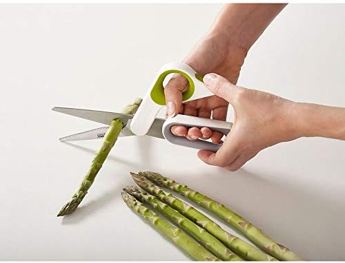 Кухненски ножици joseph Joseph 10302 PowerGrip с дръжка за палеца и отделителем за премахване на билки за Прочистване на Японска Неръждаема Стомана, Бял/Зелен