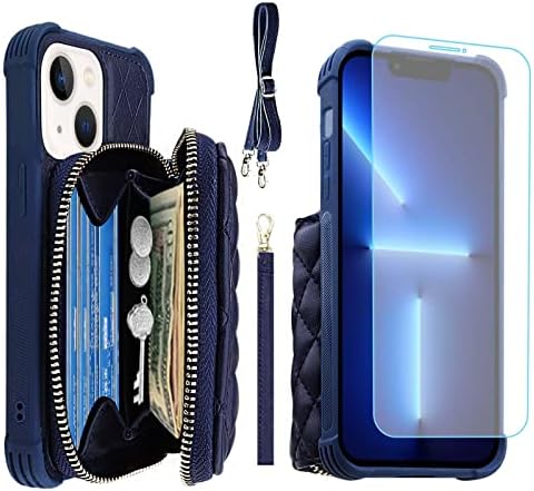 Чанта-портфейл MONASAY с цип за iPhone 14, 6,1 инча [Стъклена Защитно фолио за екрана] [Блокиране на RFID], флип-надолу Кожена Чанта, Калъф за телефон с държач за карти и подвижна