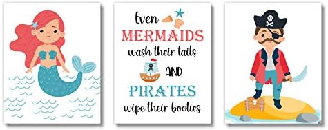 Артистични щампи за декора на стените на детската баня Брук & Vine (комплект от 3 теми без рамка 8 x 10) Русалка-Пират, за деца, Бебета, момиченца, Малки момчета, за детска с