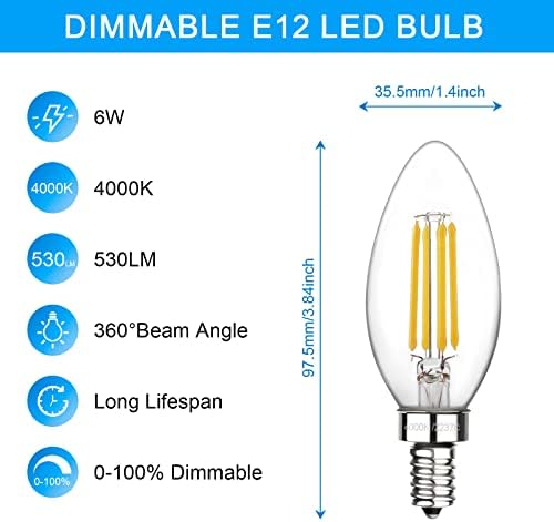 Boncoo Лампа-Канделябр E12 с регулируема яркост, Еквивалент на 60 W, Led Крушки-Полилей с Мощност 6 W, Лампи-Свещи с дневна светлина