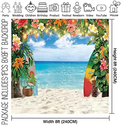 8x8ft Текстилен Годишният Хавайски Плаж на Фона на Небето Океан, Тропически Цветя Палмови Листа Дъска За сърф Фон За Снимки Вечерни Аксесоари Aloha Luau Украса Тики Банер
