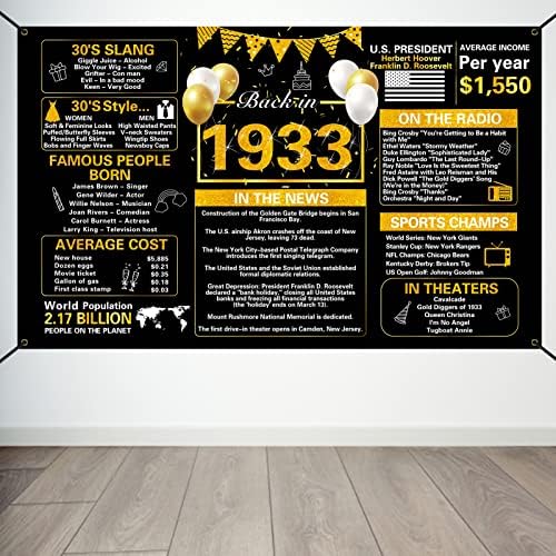 Украса Crenics от Черното злато на 90-ия рожден ден, Ретро Банер на рождения Ден на 1933 г., на Голям Плакат на 90-годишнината от рождението на Снимка-на Фона на Вечерни Аксес
