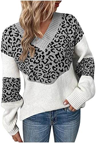 Леопардовый пуловер жилетки за жени V образно деколте с дълъг ръкав мода случайни цвят блок трикотажни блузи жилетка