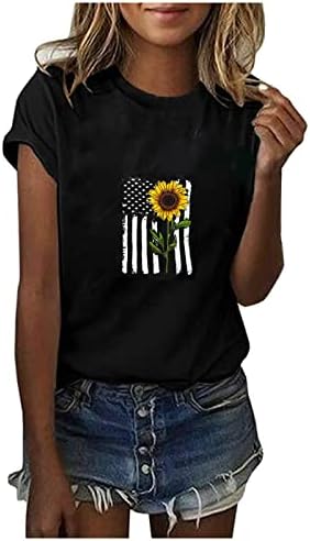 Тениска с Американския Флаг и Подсолнухом за Жени, на 4 юли, Деня на Независимостта, Риза с Кръгло Деколте и Принтом, Тениска с Къс Ръкав,
