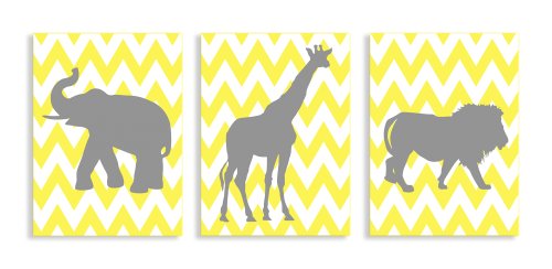 Детска стая от Stupell Силуети на Слон, Жираф, Лъв сив цвят на жълт Шевроне 3 бр. Комплект правоъгълни стенни таблетки, 11 x 0,5 x 15,