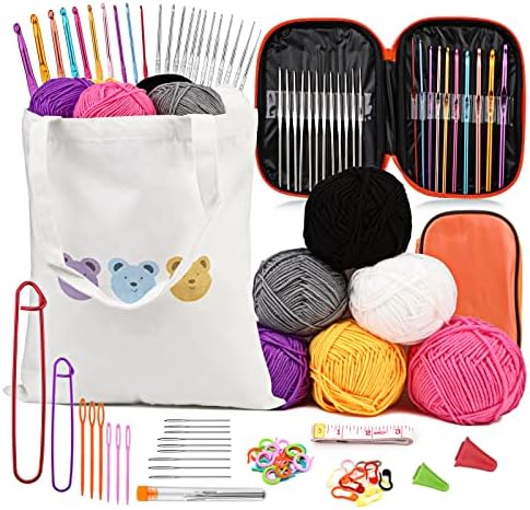 Комплект за плетене на една кука IMZAY 125 бр., Набор от прежди с 22 куки, 6 цветни Топки от прежда, Тъпи игли, Холщовая чанта-тоут и