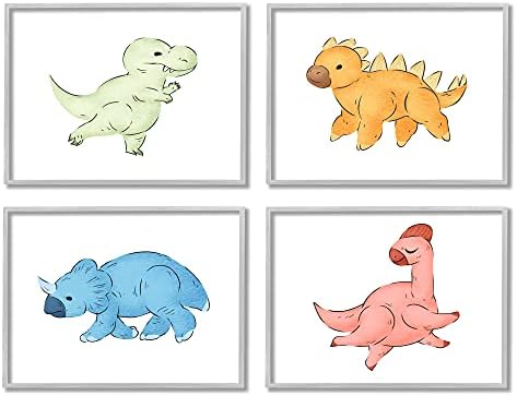 Забавни детски динозаврите Stupell Industries, Сладки бебешки праисторически влечуги тиранозавър рекс-Рекс, дизайн Ziwei Ли, Стенни рисунки в сиви рамки, 4 бр. всеки 20 x 16, Много