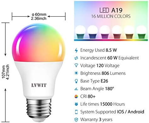 LVWIT Умна крушка BR30 A19 RGB, с Променящ се цвят, Led, Wi-Fi, С регулируема яркост, Многоцветни светлини на базата E26, Съвместими с Alexa, Google Assistant, Концентратор не се изисква, 650 Лу