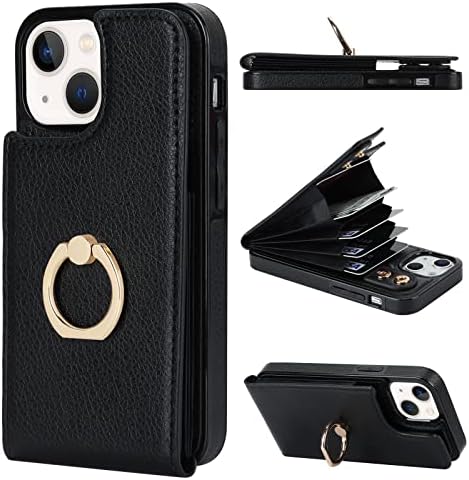 Folosu е Съвместим с iPhone 13 Mini Case Чантата с държач за карти, Въртящи се на 360 ° стойка за пръстен на пръста Поставка За краката Защитно RFID Заключване Изкуствена Кожа Двой?