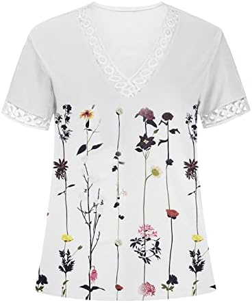Дамски Лейси в памучна Тениска с V Образно Деколте и Цветен Модел за Момичета Лято Есен WX WX