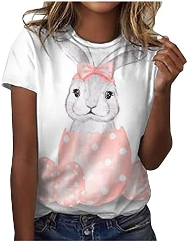 Великденски Ризи за Жени, Тениски с изображение на Заек, Тениска с Хубав Модел на Заек, Лятна Ежедневни Тениска с Кръгло Деколте и Къс