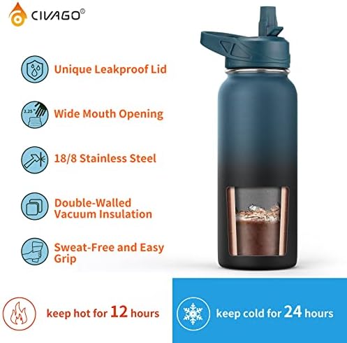 Случайна бутилка за вода CIVAGO обем 32 грама с соломинкой, Спортна Колба за вода от неръждаема стомана с 3 Капаци (Соломинкой, преносим