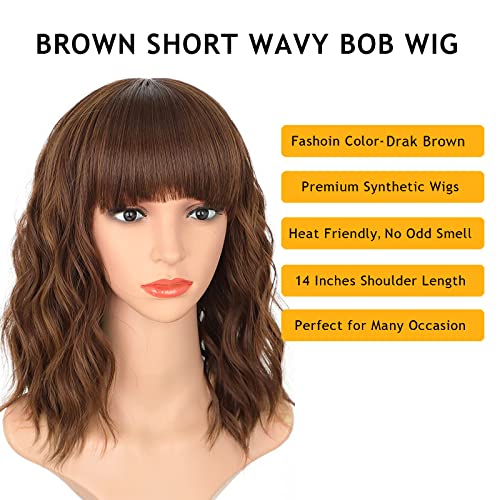 Кратък перука-боб с бретон тъмно естествени къдрави кафяви перуки за жени, 14 Синтетични перуки за cosplay